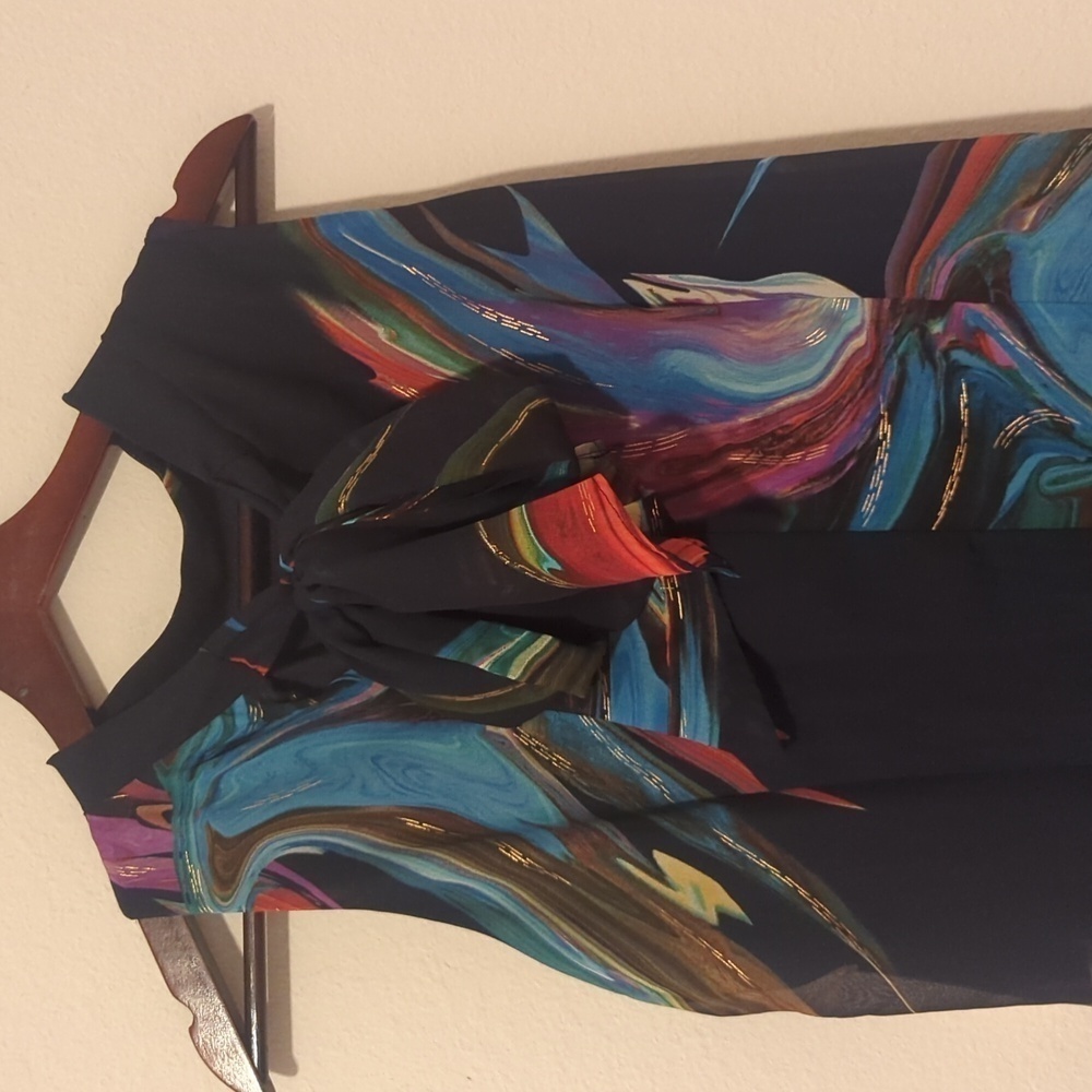 SIGNATURE by ROBBIE BEE. Abstract Print Chiffon. Color Navy Blue Green Orange. - Picture 3 of 11